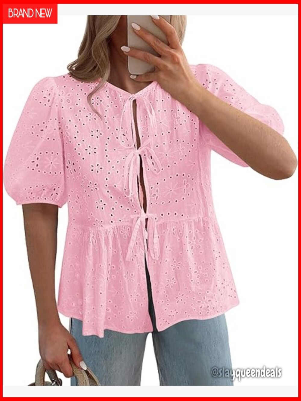 Women's Peplum Eyelet Lace Blouse Lantern Sleeve Tie Front Cropped Top